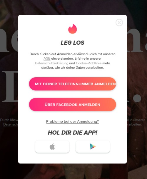 Tinder Anmeldung via Telefonnummer und Facebook