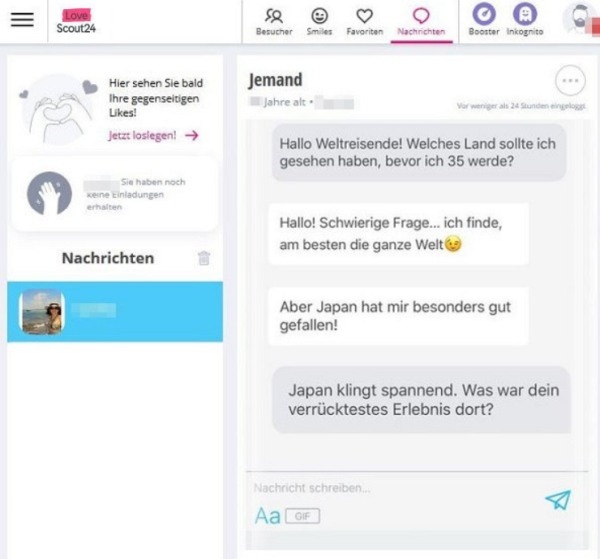 Ein Flirt-Dialog bei LoveScout 24